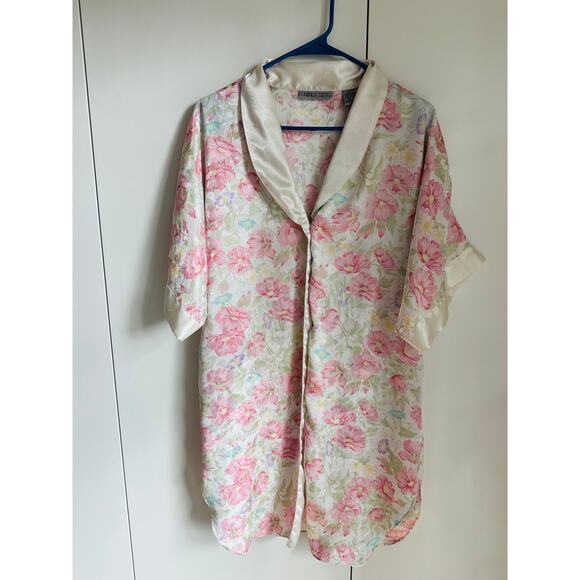 Vintage 80s floral Print Satin Nightgown Pastels size Medium Pink white - Picture 2 of 7